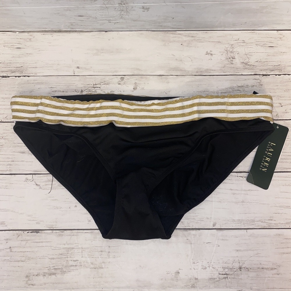 Ralph Lauren Bikini Bottom Womens 16 Black Gold White Stripe Band Swim NEW XL